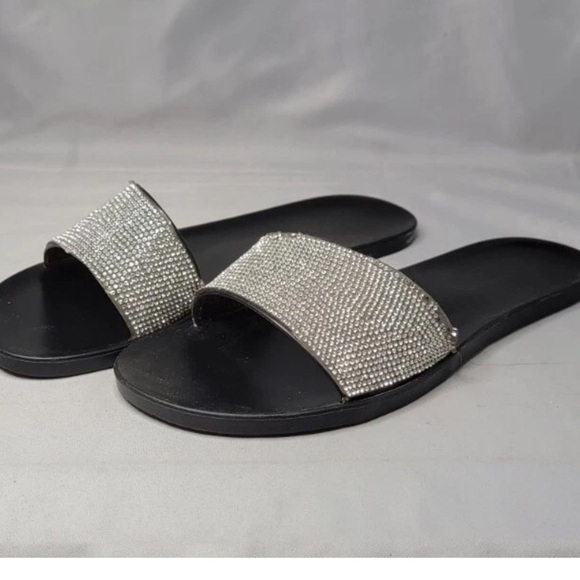 Sparkling Rhinestone Flat Slide Sandals Silver/black 6.5 - Picture 5 of 10